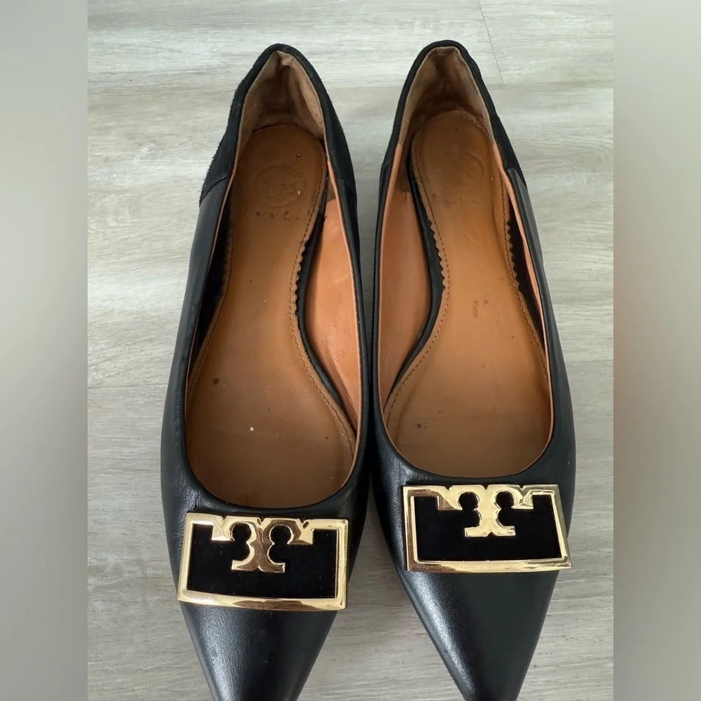 TORY BURCH Suede-trimmed Embellished Leather Point-toe Flats In Perfect Black 7